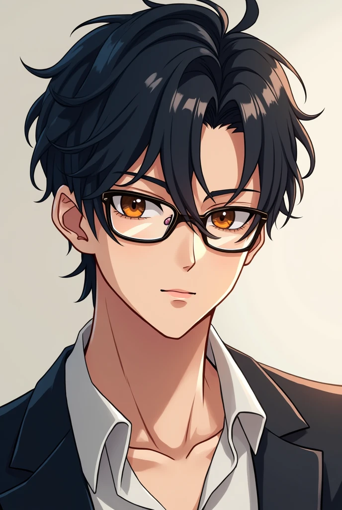 Make a boy wearing eye glasses with a diamond face shape make him handsome anime