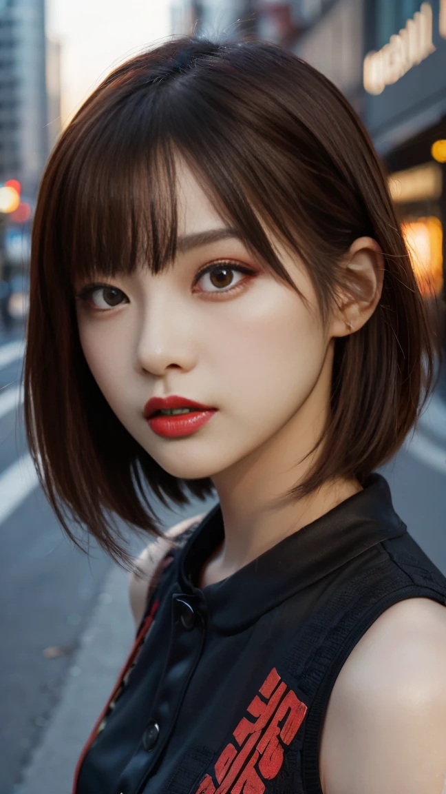 beautiful girl, Half Body Portrait,short, bright red, Messy Hair, Black eyeshadow, (Street Style Wear:1.2), (Urban Background:1.2), Heavy makeup, Digital Art, Talked about at the art station, highly detailed, Finer details, Complex, beautiful detailed glow, detailed, Cinematic Light, High resolution, detailed facial features,Sharp focus, Smooth, beautiful,