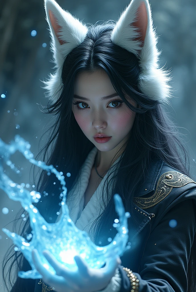 a beautiful woman with white fur, long black hair, white fox ears, and a long fox snout, wearing pirate clothing, manipulating ice around her, (best quality,4k,8k,highres,masterpiece:1.2),ultra-detailed,(realistic,photorealistic,photo-realistic:1.37),detailed face and eyes, female,1girl, fantasy, portrait, dramatic lighting, cinematic, ethereal, ice magic, magical realism, dark colors