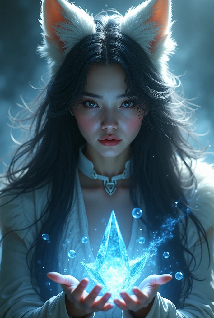a beautiful woman with white fur, long black hair, white fox ears, and a long fox snout, wearing pirate clothing, manipulating ice around her, (best quality,4k,8k,highres,masterpiece:1.2),ultra-detailed,(realistic,photorealistic,photo-realistic:1.37),detailed face and eyes, female,1girl, fantasy, portrait, dramatic lighting, cinematic, ethereal, ice magic, magical realism, dark colors