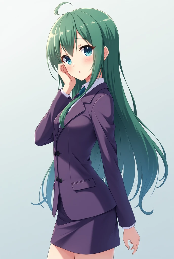 Anime girl in a beautiful purple jacket type business suit and in a short skirt. With lapis lazuli eyes and long green hair, she stands pensive against a lightish gray clear background. The face, shoulders and background should be visible. No hats or effects. Close to the face, right so that you can see or the camera farther away