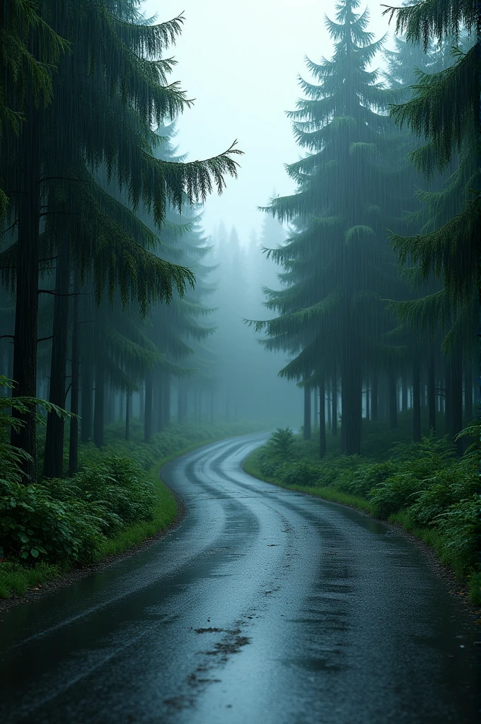 Rainy road in a forest 