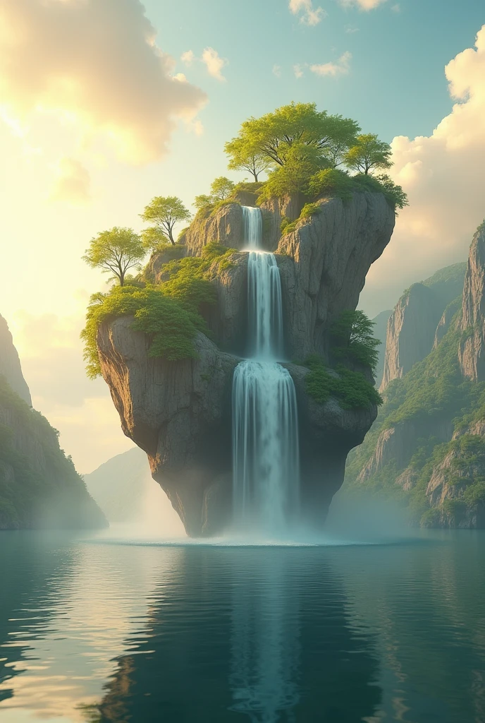 Floating island image, There is a waterfall, stillness, peace, (best quality,4K,8ก,height,Masterpiece:1.2),Very detailed,(realistic,photorealistic,photo-realistic:1.37),Stunning lake landscape,Serene atmosphere,Warm golden light,Amazing sky with clouds, Reflecting lake surface,Calm waves,Beautiful scenery