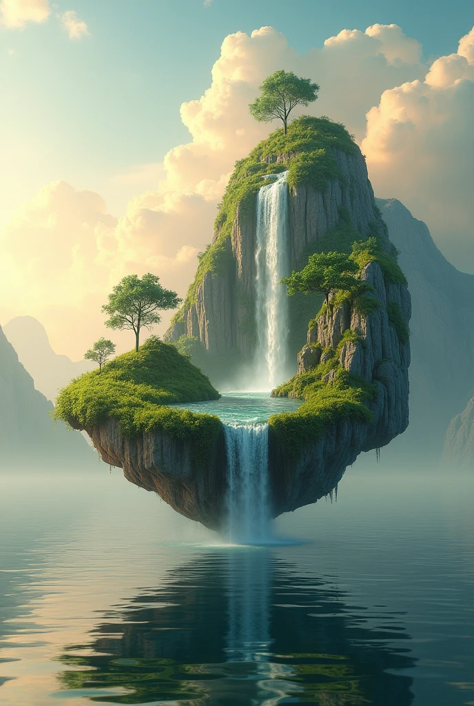 Floating island image, There is a waterfall, stillness, peace, (best quality,4K,8ก,height,Masterpiece:1.2),Very detailed,(realistic,photorealistic,photo-realistic:1.37),Stunning lake landscape,Serene atmosphere,Warm golden light,Amazing sky with clouds, Reflecting lake surface,Calm waves,Beautiful scenery