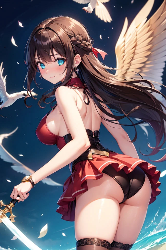 A beautiful girl in a short skirt holding a sword and a bird, outside, night, (magical girl), red leotard, fluffy layered skirt, thigh highs, bow, wand, wings, flying, floating, big rounds breasts, dark brown hair, long bangs, french braid, long hair, wavy hair, expressive hair, shiny hair, hairclip, hair ribbon, jewelry, aqua eyes, glowing eyes, pupils sparkling, earrings, blush, light smile, shy, embarrassed, nervous smile, beautiful detailed eyes, natural lighting, high detail, anime, anime style, depth of field, cinematic lighting, game CG, dithering, image fill, multiple views, wide shot, from above, from behind, from below, atmospheric perspective, perspective, panorama, Wide-Angle, f/1.8, 85mm, Nikon, 8k, super detail, masterpiece, retina, masterpiece, accurate, anatomically correct, textured skin, high details, best quality, highres, 16k