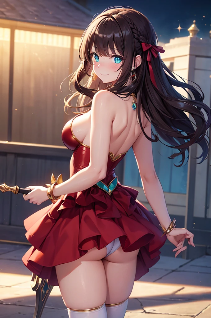 A beautiful girl in a short skirt holding a sword and a bird, outside, night, (magical girl), red leotard, fluffy layered skirt, thigh highs, bow, wand, wings, flying, floating, big rounds , dark brown hair, long bangs, french braid, long hair, wavy hair, expressive hair, shiny hair, hairclip, hair ribbon, jewelry, aqua eyes, glowing eyes, pupils sparkling, earrings, blush, light smile, shy, embarrassed, nervous smile, beautiful detailed eyes, natural lighting, high detail, anime, anime style, depth of field, cinematic lighting, game CG, dithering, image fill, multiple views, wide shot, from above, from behind, from below, atmospheric perspective, perspective, panorama, Wide-Angle, f/1.8, 85mm, Nikon, 8k, super detail, masterpiece, retina, masterpiece, accurate, anatomically correct, textured skin, high details, best quality, highres, 16k