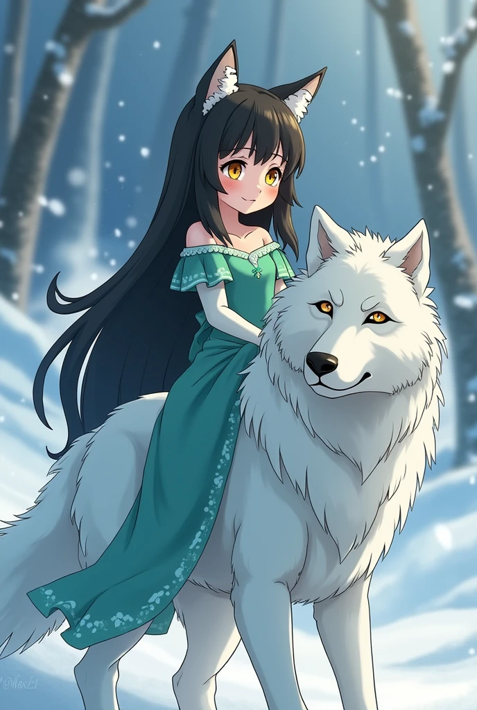 Black Clover little black haired princess with yellow eyes wearing turquoise dress sitting on a white wolf in the snow kingdom