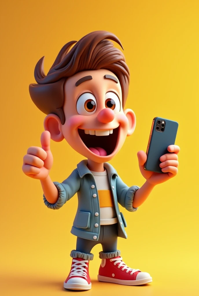 Animated character making a thumbs up sign with one hand and holding a cell phone in the other hand
