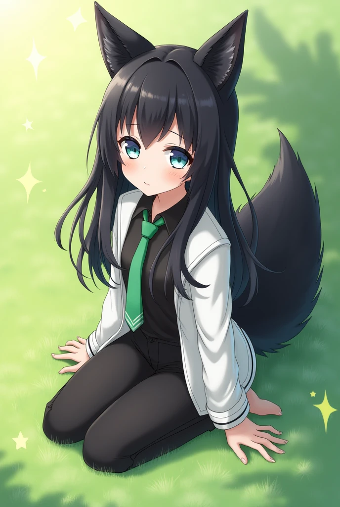 Girl with black fox ears, Long black hair, black foxtail, light blue eyes, black shirt, green tie white jacket, Black pants, whole body, sitting on the grass blushing