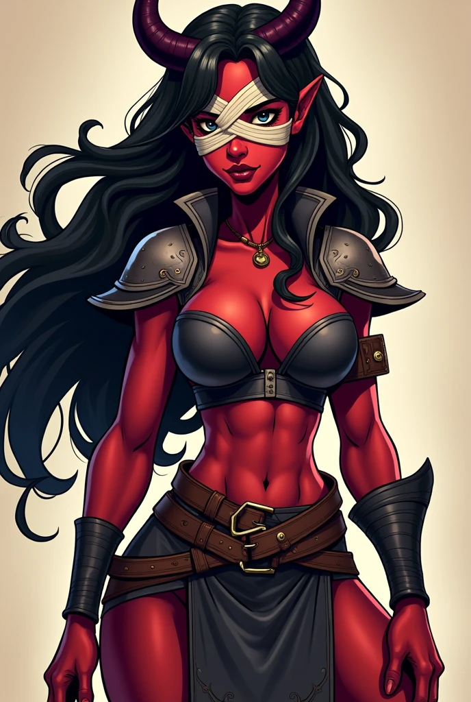 Make a , red skin , black hair, tiefling woman, with small horns, slightly strong shape, with only her left eye covered in bandage's, wearing a leather armor, she need to be carton like, she need to be a warriors 
