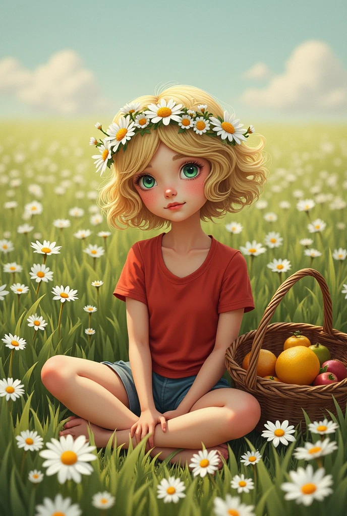 (girl:1.2),alone, (short blonde curly hair:1.1), green eyes, Wearing a daisy wreath on your head, Sit in a daisy field, (fruit basket:1.1), blue shorts, red shirt,,raw,photographic,photo shadows,actual,Ridiculous,Aesthetic,elegant, Ukrainian symbolics