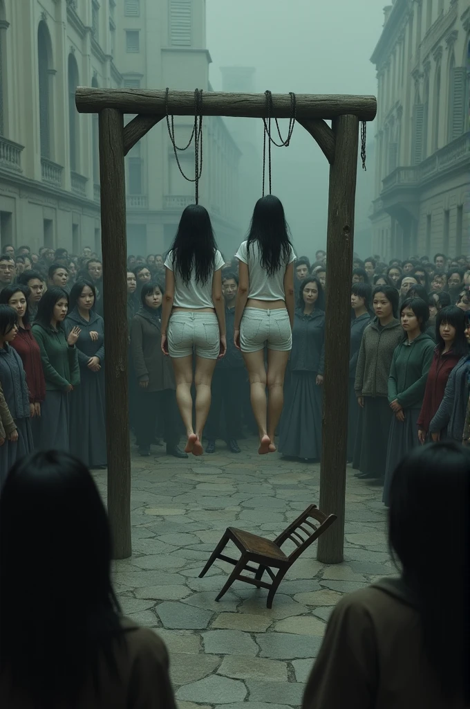 Scene of two girls in white pants,hanged, gallows, many people around, chair falls to the ground