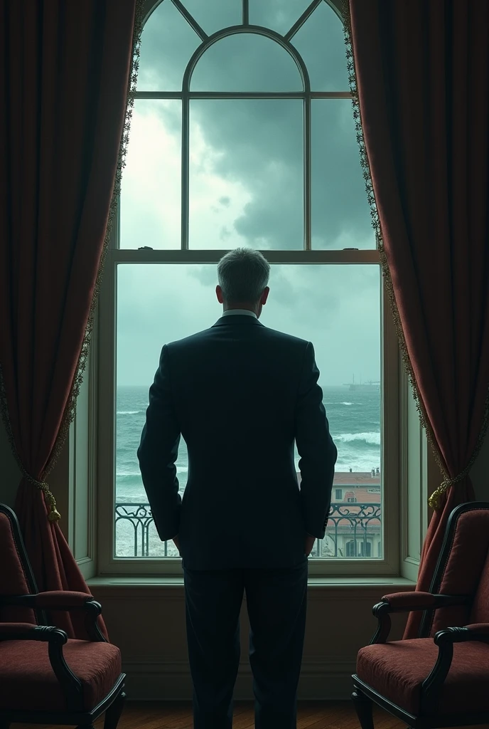 Middle Asian white man in an elegant suit looking out of window at the storm