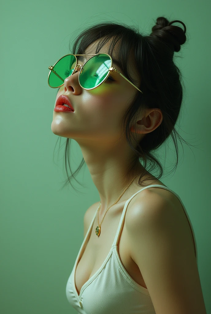 A girl wearing green glasses and turning back her face backward little
Big
boobs