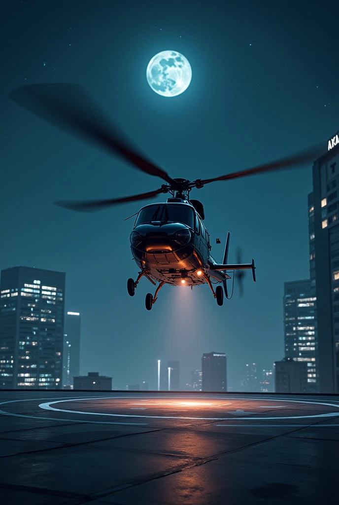 A hellicopter is landing on the helipad at the night and hellicopter's bottom side is seen from the bottom place.