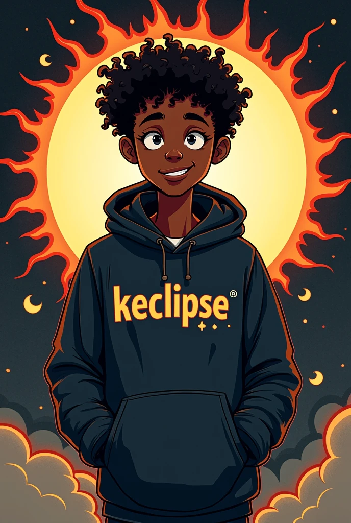A black man with curly hair who has a hoodie and knows that it says KEclipse with an eclipse of the theme of the gamige a little younger who looks more animated