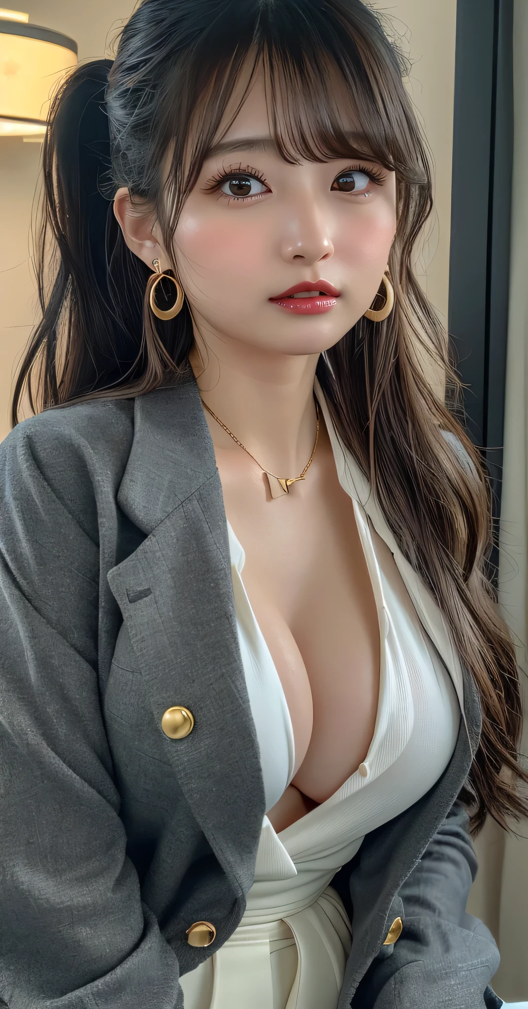 (8k,RAW Photos,Like the picture:1.45),masterpiece,Highest quality,wonderful,(セクシーなMature Woman:1),(Mature Woman:1.3), (2 woman.1.3)、(((very, very大きい)))、(((Extremely lewd and very huge boobs)))、(((Very deep cleavage)))、Hyper Real、In her office、A beautiful and dignified smile、Beautiful white skin、Beautiful, delicate and precise skin texture、With long, fluffy, beautiful brown hair(ponytail:1.0)、Beautiful Japanese Women、(Big Ass)、Thick thighs、Bright red lips、Gold earrings、Gold bracelet、Gold Necklace、{Charcoal gray suit(White blouse)}, 