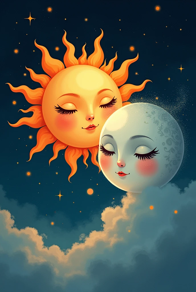 Sun and moon faces in the night sky 2D
