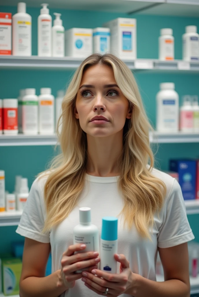 A 40-year-old blonde woman standing in front of a pharmacy shelf, holding several products in her hands. She has a thoughtful and concerned expression on her face, as if she's uncertain about which product to choose. The pharmacy shelves behind her are neatly arranged with various medications, beauty products, and health supplies, creating a busy but organized background. The lighting is bright, emphasizing the clean, clinical environment of the pharmacy.