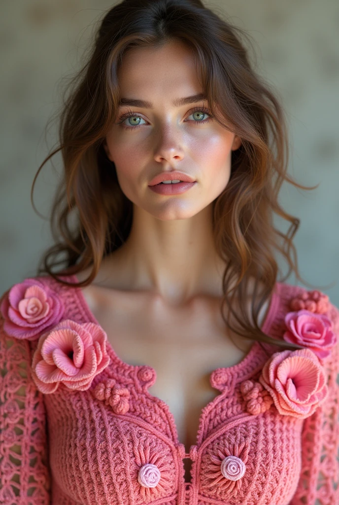European woman model wearing a thick crochet blouse with lots of crochet flowers in high relief in thick pink colors