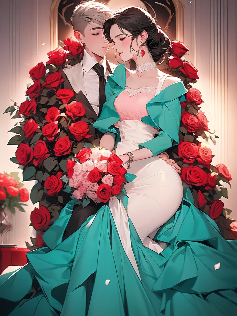 The image depicts a person holding a large, heart-shaped arrangement of red roses against a teal background. The individual is wearing a pale pink or white outfit that contrasts with the vibrant red roses. The overall scene exudes a romantic and perhaps celebratory atmosphere.
