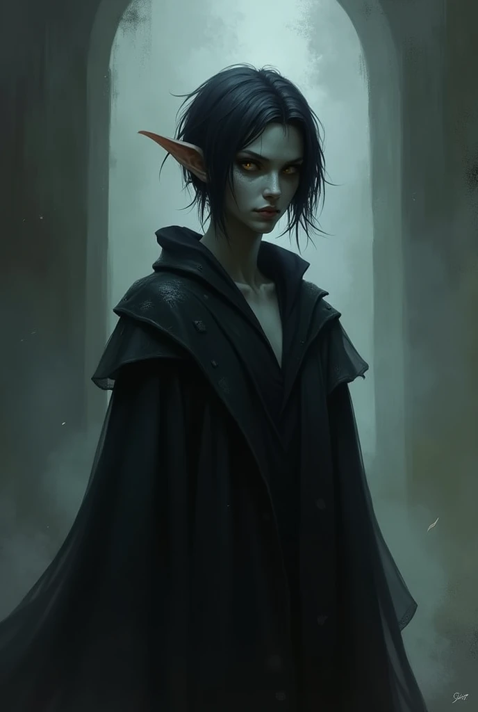 A shadar-kai elf character, gray-skinned, amber eyes, short black hair, black robes and a somewhat somber appearance.
