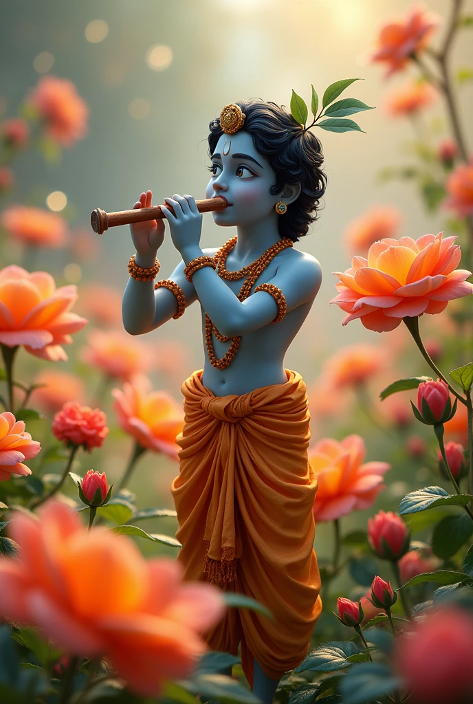 In 3D animation generate" Flowers blooming vibrantly in response to Krishna’s enchanting flute music.."