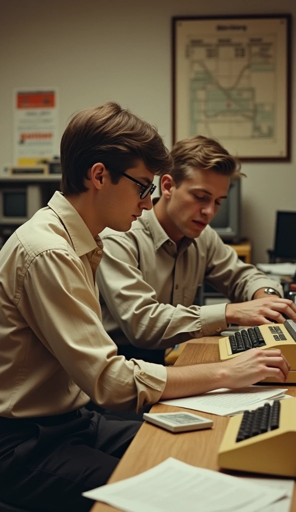 A vintage photo of Bill Gates and Paul Allen in the early days of Microsoft, possibly at their first office or working on early computer prototypes.