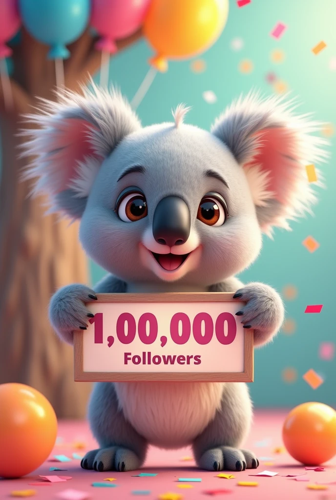 Image of an animated koala with a sign that says: 100K followers. With confetti and balloons