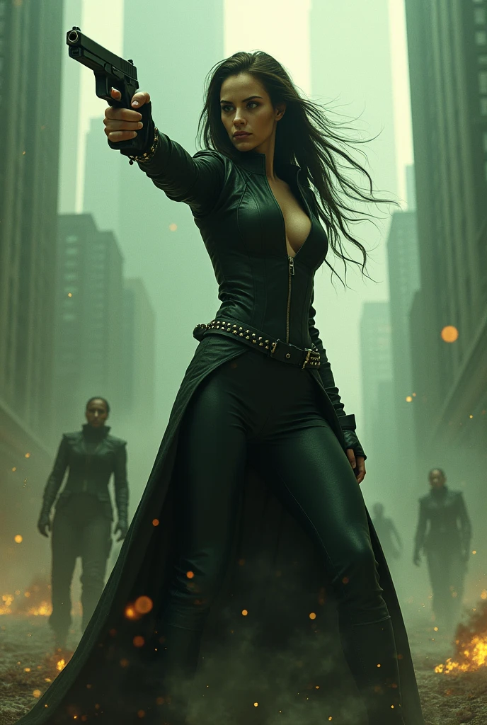 arafed woman holding a gun in a city with a skyscraper in the background, trinity from the matrix, trinity the matrix, in the new matrix movie, dramatic wielding gun pose, neo from the matrix, from matrix(1999), from matrix ( 1 9 9 9 ), matrix), matrix ), agents from the matrix movie, matrix movie color grading