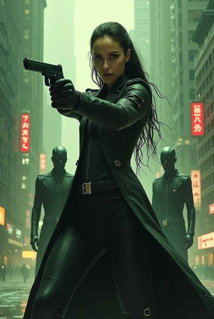 arafed woman holding a gun in a city with a skyscraper in the background, trinity from the matrix, trinity the matrix, in the new matrix movie, dramatic wielding gun pose, neo from the matrix, from matrix(1999), from matrix ( 1 9 9 9 ), matrix), matrix ), agents from the matrix movie, matrix movie color grading