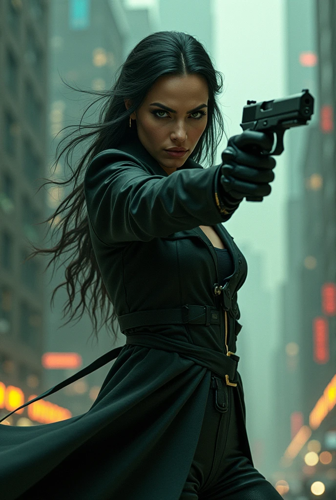 arafed woman holding a gun in a city with a skyscraper in the background, digital art by Hiroyuki Tajima, deviantart, neo-figurative, trinity from the matrix, trinity the matrix, in the new matrix movie, dramatic wielding gun pose, neo from the matrix, from matrix ( 1 9 9 9 )