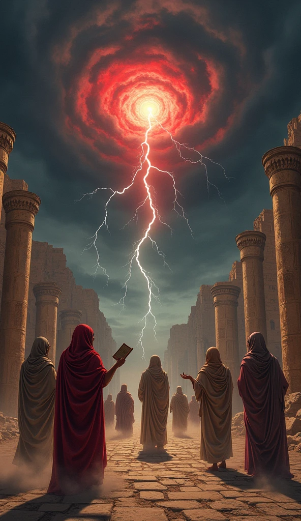 Illustration of a group of Egyptians standing in the middle of a ruined Egyptian city., with an expression of confusion and fear. The Qur'an that was originally in their hands began to disappear slowly into dust. The background shows a dark sky with thick clouds, strong winds, and the red light from the sky that seemed to bring them closer to the Day of Judgment. The atmosphere is filled with despair and fear., creating a dramatic and creepy impression." lightning, Dark sky
