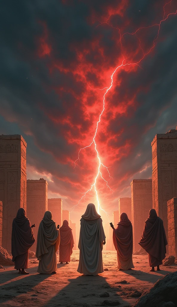 Illustration of a group of Egyptians standing in the middle of a ruined Egyptian city., with an expression of confusion and fear. The Qur&#39;an that was originally in their hands began to disappear slowly into dust. The background shows a dark sky with thick clouds, strong winds, and the red light from the sky that seemed to bring them closer to the Day of Judgment. The atmosphere is filled with despair and fear., creating a dramatic and creepy impression." lightning, Dark sky