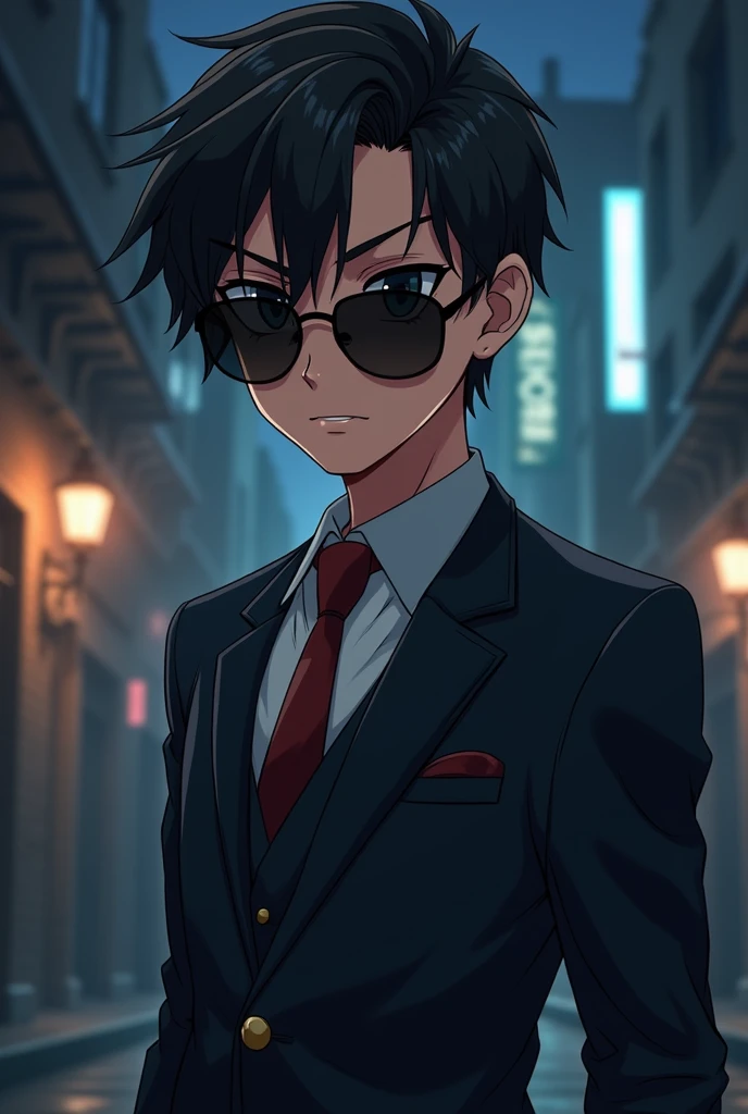 Create a profile pic anime mafia boy with sunglasses on. Both shoulders must be seen.