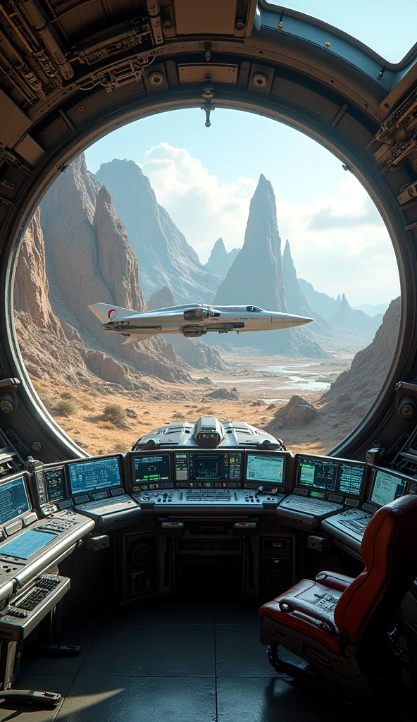 The appearance of the spacecraft. From the window you can see the scenery of the alien planet, The entire space is full of working consoles with electronics and screens, Full-HD