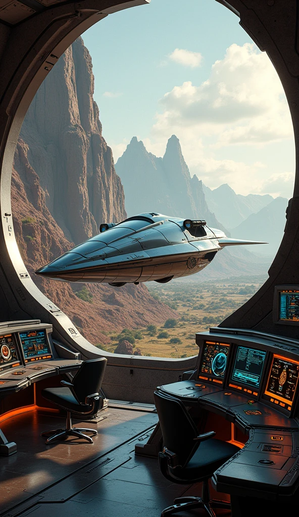 The appearance of the spacecraft. From the window you can see the scenery of the alien planet, The entire space is full of working consoles with electronics and screens, Full-HD