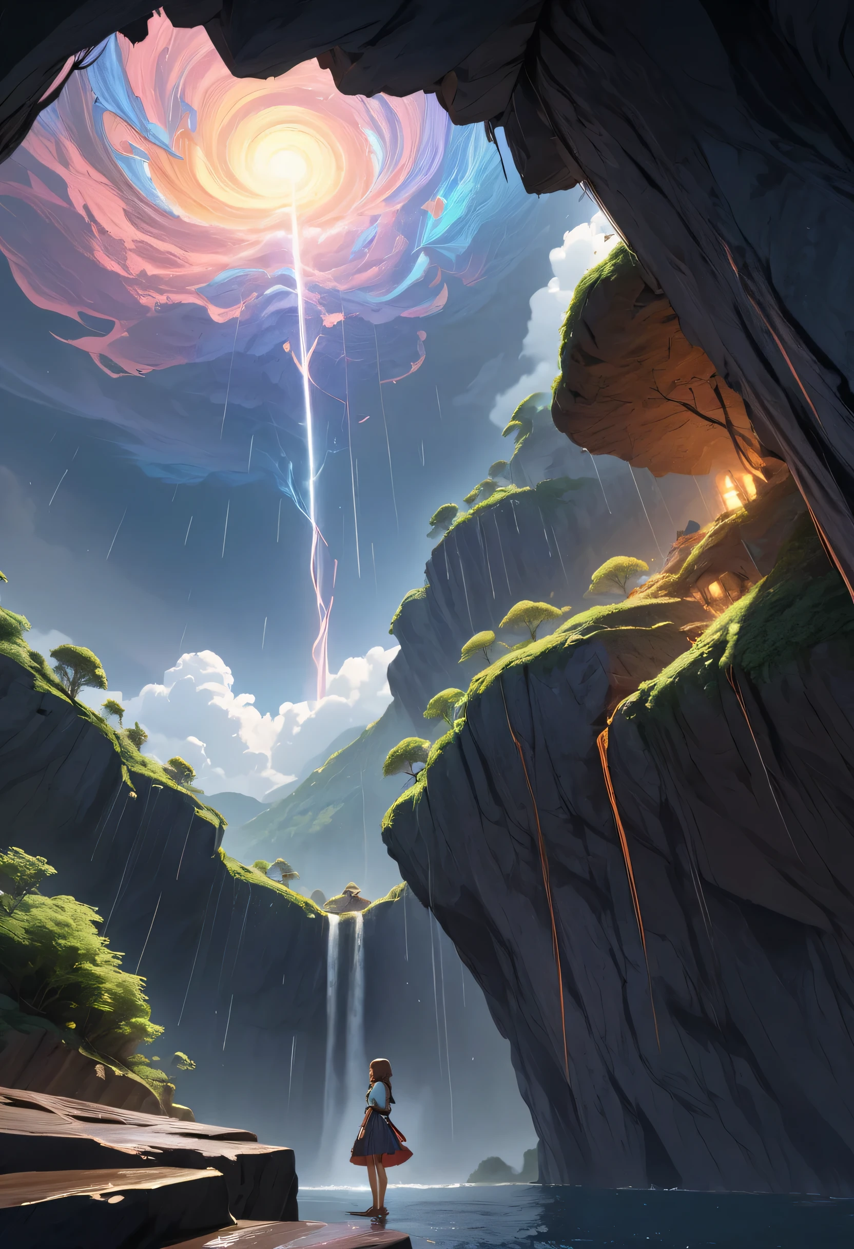 1girl, on the edge of a cliff, big tree beside her, view from below, hand raised, rainstorm, night, everything is shining, abstract, accurate, 8k, masterpiece, detailed