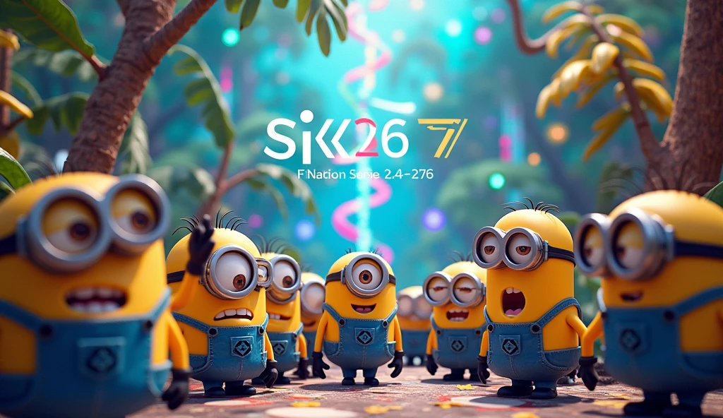 background photo with bananas, dna and text SiK26 with S and K capitalize and 24-27, minions