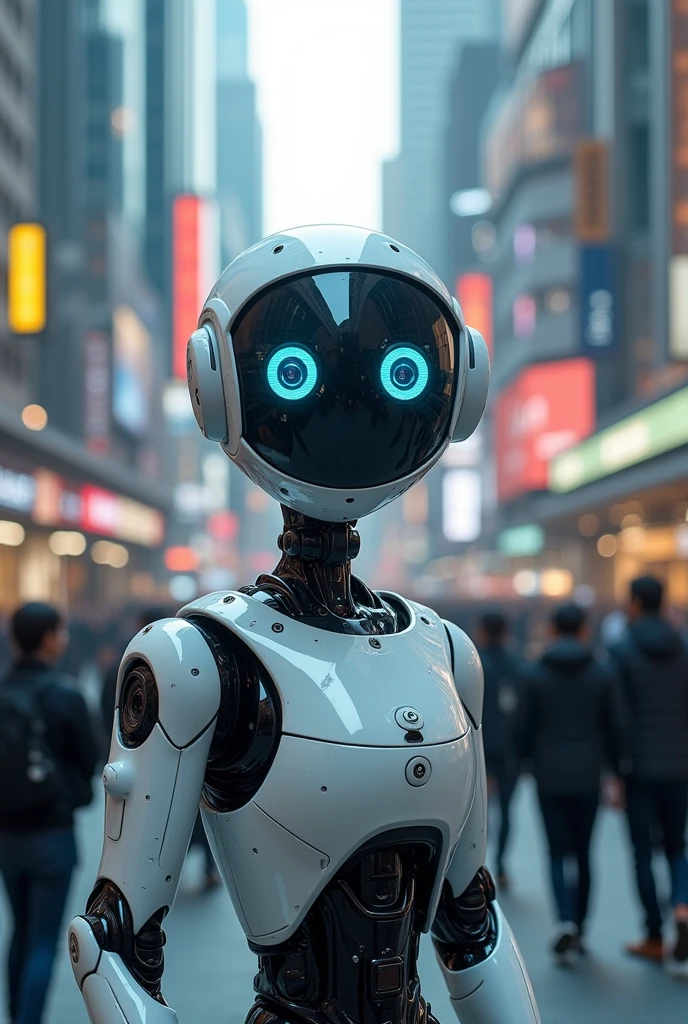 "Create a detailed image of a robot equipped with cameras in its eyes, actively surveilling people. Illustrate the robot with a sleek, futuristic design, with its eyes clearly visible as high-tech cameras. Show the robot in a busy urban setting, where it stands out among the crowd, with its cameras capturing various angles and details of individuals around it. Include visible data streams or digital overlays showing the live feed from the robot’s cameras. Depict the people in the scene going about their daily activities, oblivious to the constant monitoring, with a focus on the contrast between the robot’s advanced surveillance capabilities and the everyday life of the citizens. Use a polished, professional style with a high level of technical detail to emphasize the robot's role in monitoring and the technological sophistication involved."