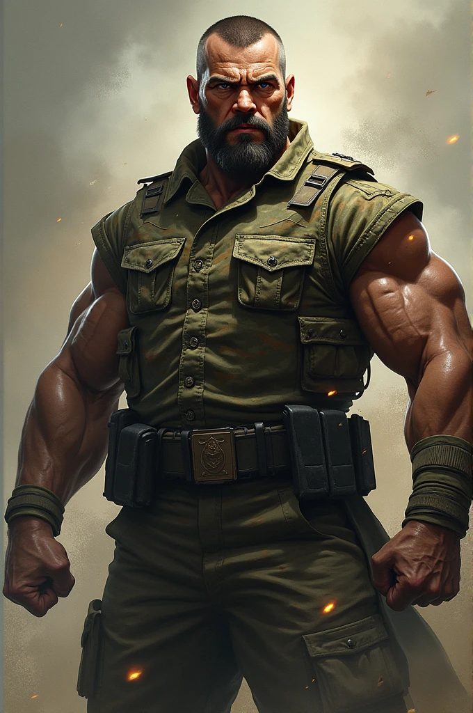 Illustrate a realistic man with a violent face and Roman descent. His body is robust and large, has short hair and no beard, he is wearing a Brazilian army camouflage uniform