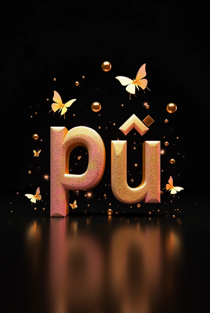 “Pʀᴀᴄʜɪ” in black background written with metallic gold with metallic pink and golden mix butterfly , metallic golen bubble s, shadow photo, 3D render, with same font 