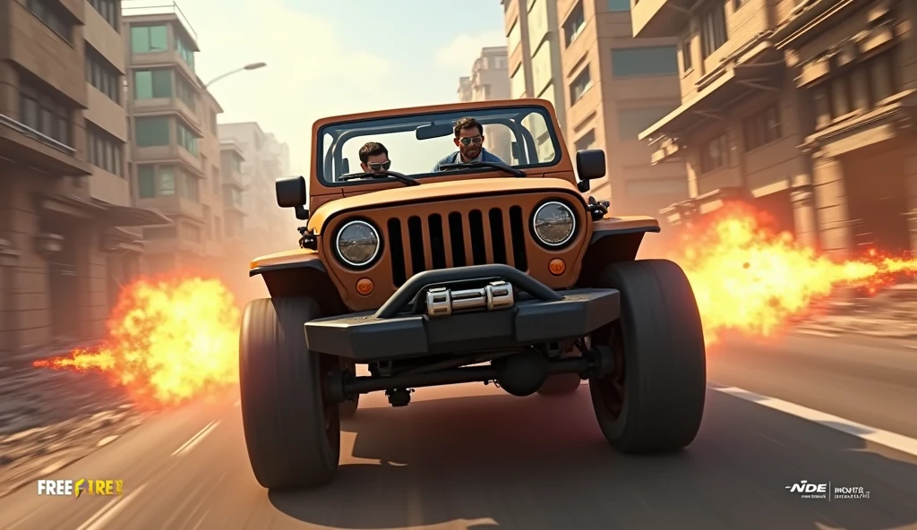 Scene 5: Location: Bimasakti Strip
Alok Free Fire drives a jeep across the strip, his sunglasses reflecting the chaos around him. He fires at enemies while racing toward the next safe zone.