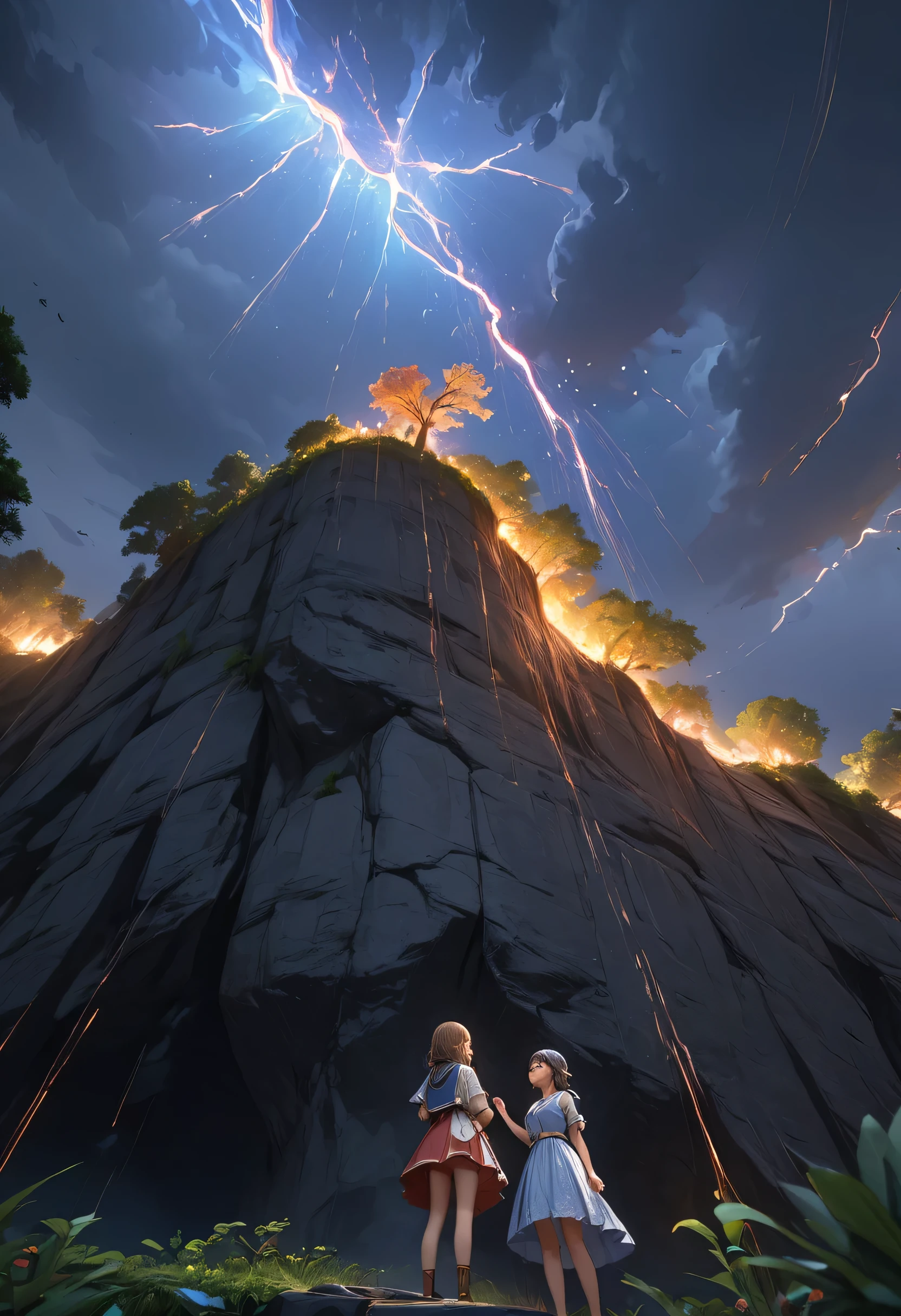 1girl, on the edge of a cliff, big tree beside her, view from below, hand raised, rainstorm, night, everything is shining, abstract, accurate, 8k, masterpiece, detailed