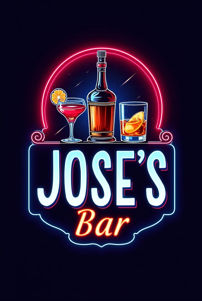 Logo Description:
Main Text: "Jose's Bar"
Central Element: Cocktails and whiskey in neon colors