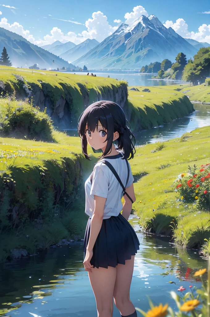In a vibrant, anime-style world with a visual quality reminiscent of the film 'Your Name,' the scene reveals a vast, rolling landscape of lush green fields bathed in the bright sunlight of a clear day. The hills are dotted with colorful, blooming wildflowers that sway gently in the breeze, adding a lively touch to the scenery. In the distance, majestic, snow-capped mountains rise against a brilliant blue sky, their peaks shimmering under the sun. A crystal-clear lake reflects the sky and surrounding landscape, enhancing the sense of tranquility and beauty. The overall atmosphere is bright and cheerful, with rich, vivid colors capturing the essence of a perfect, sunlit day, evoking the magical realism and stunning visuals of top-tier anime films.