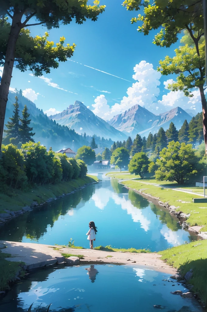In a vibrant, anime-style world with a visual quality reminiscent of the film 'Your Name,' the scene reveals a vast, rolling landscape of lush green fields bathed in the bright sunlight of a clear day. The hills are dotted with colorful, blooming wildflowers that sway gently in the breeze, adding a lively touch to the scenery. In the distance, majestic, snow-capped mountains rise against a brilliant blue sky, their peaks shimmering under the sun. A crystal-clear lake reflects the sky and surrounding landscape, enhancing the sense of tranquility and beauty. The overall atmosphere is bright and cheerful, with rich, vivid colors capturing the essence of a perfect, sunlit day, evoking the magical realism and stunning visuals of top-tier anime films.