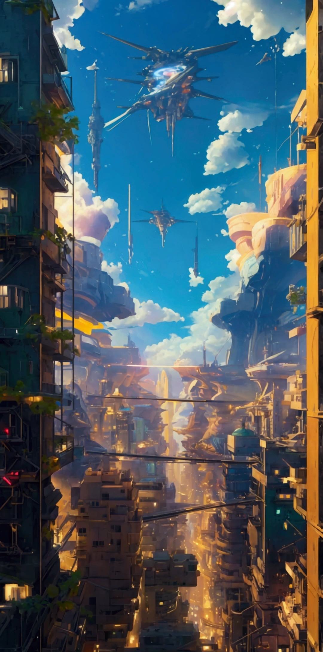 Create futuristic hyperrealist artwork, Imagine a city in the sky, With complex architectural structures and advanced technology. A detailed depiction of a futuristic city, Capture the bright light, Suspended platforms and flying vehicles that move vertically and horizontally through the air.