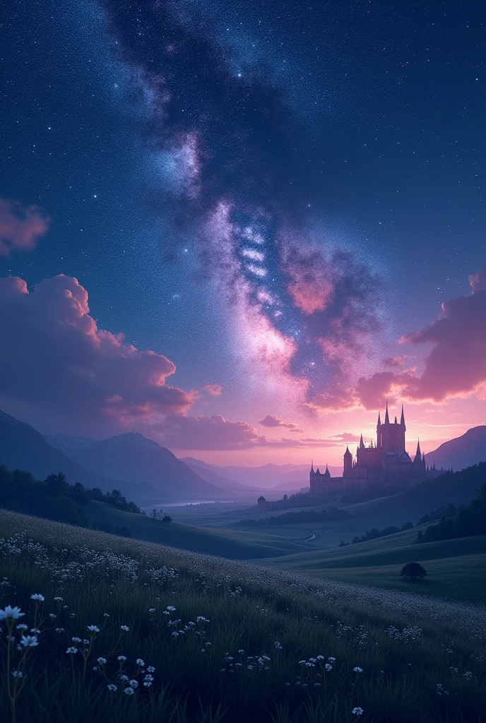 Create an image that is an open field with castles in the distance at night. The night sky should show the details of the Milky Way galaxy. A beautiful sky with contrasting colors. Idyllic art