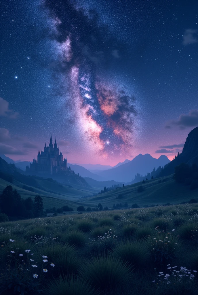 Create an image that is an open field with castles in the distance at night. The night sky should show the details of the Milky Way galaxy. A beautiful sky with contrasting colors. Idyllic art